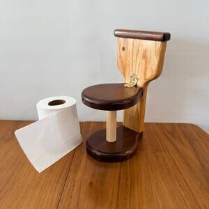 Wooden Toilet Shaped Paper Holder Hinged 2 Tone Freestanding 11 x 6
